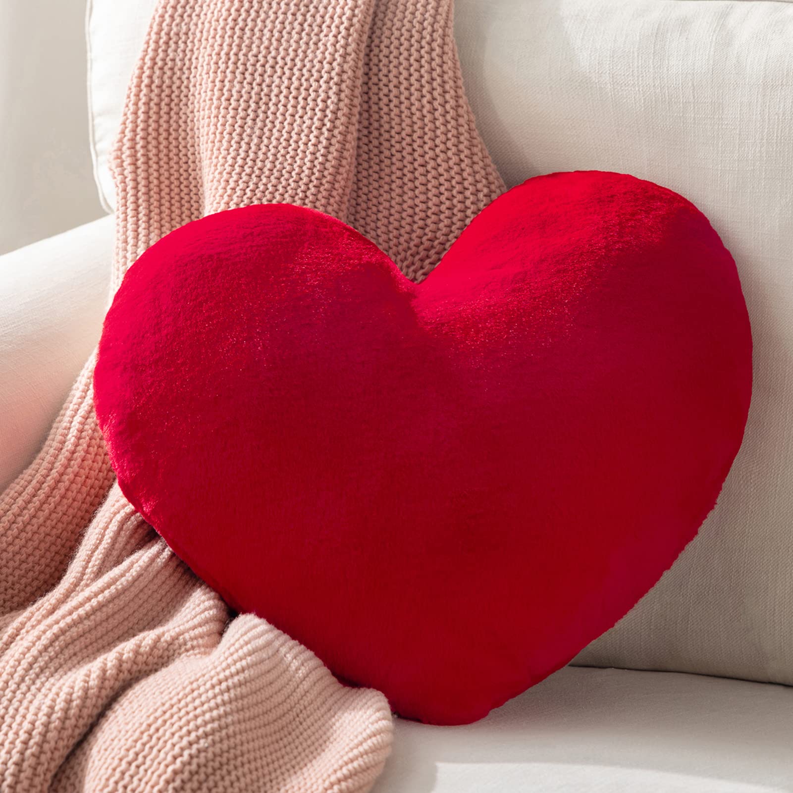 Ashler Valentine'S Day Red Heart Shaped Throw Pillows, Faux Fur Rabbit 3D Fluffy Heart Throw Decorative Pillows, Cute Plush Soft
